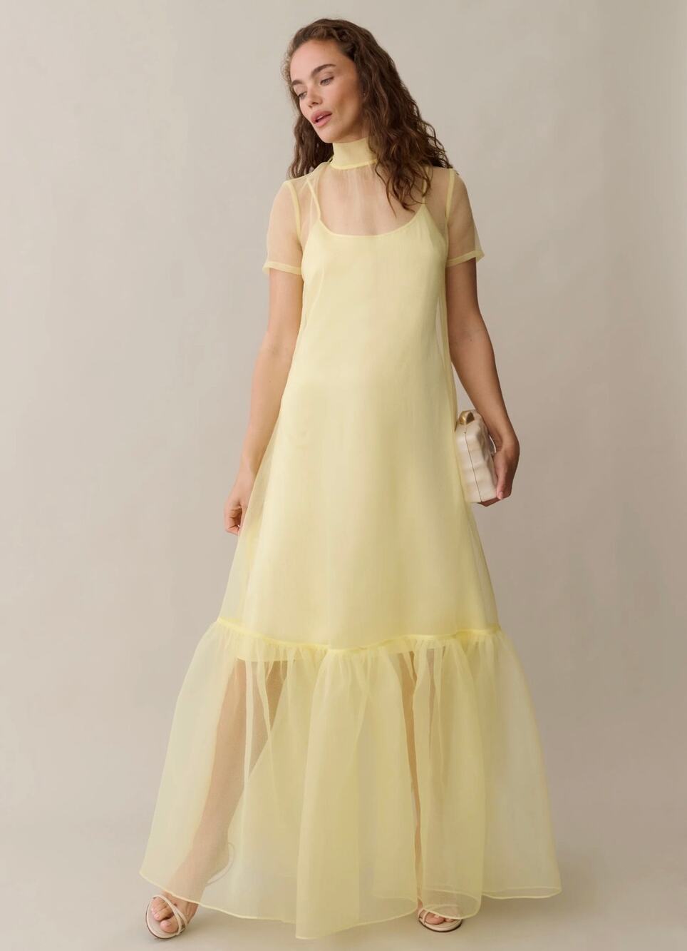 Sheer Overlay Yellow Midi Dress